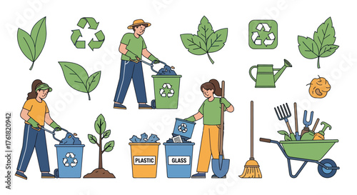 Set of Environmental Conservation Icons: Recycling Gardening and Waste Management Elements.