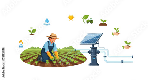 Farmer using solar powered irrigation system in a field promoting sustainable agriculture.