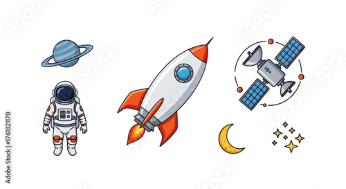 Cute cartoon space exploration sticker set with astronaut rocket ship satellite planet moon and stars.