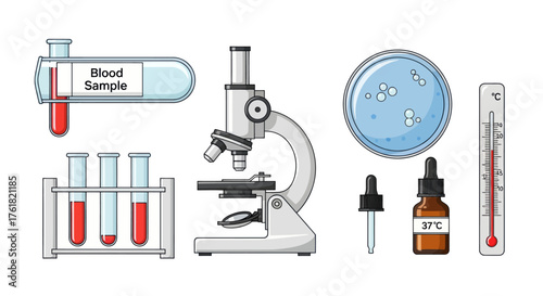 Medical Laboratory Equipment: Blood Sample Tubes Microscope Petri Dish Dropper Bottle Thermometer.