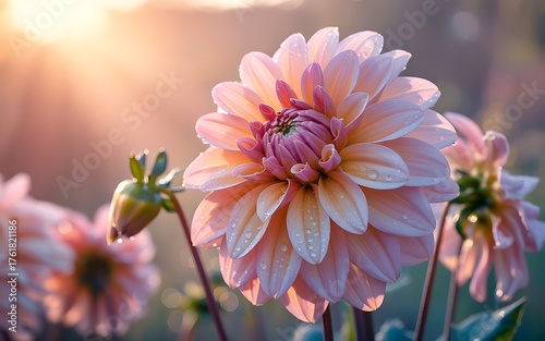 Soft pink dahlia flower bathed in golden sunrise light