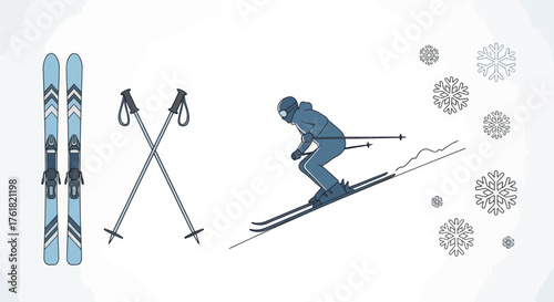 Blue Skis Poles and Skier Silhouette for Winter Sports.