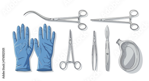 Surgical Instruments and Blue Gloves: Medical Equipment Set for Procedures.