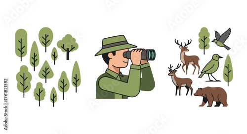 Cartoon Ranger Observing Wildlife with Binoculars Amidst Trees and Animals.