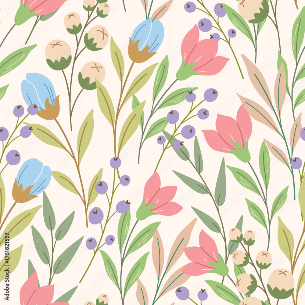 Fototapeta premium Delicate seamless floral pattern with wild plants in pastel colors. Cute botanical design, a ditsy spring print of wildflowers, small flowers, leaves, and branches on a light background. Vector repeat