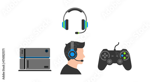 A collection of video gaming equipment icons featuring a console controller headset and a gamer avatar.
