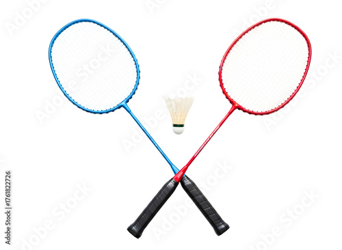 Two badminton rackets crossed with shuttlecock isolated on transparent background