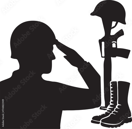 Veteran soldier saluting in front of monument, honoring bravery, sacrifice, and national patriotism.