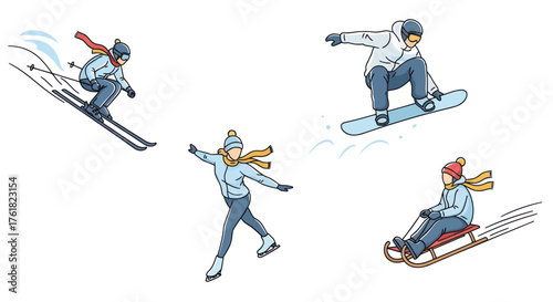 A vibrant hand-drawn collection of people engaged in various winter sports: skiing snowboarding ice skating and sledding.