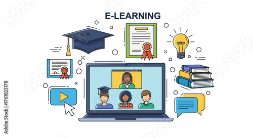 Online E-Learning Concept with Laptop Video Conference and Educational Icons.