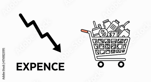 Shopping Cart Overflowing with Products and Expense Decline Symbol.