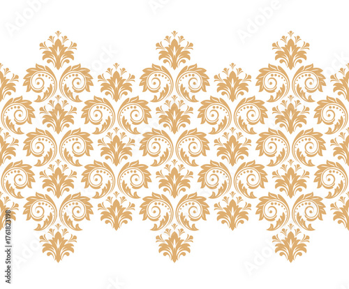 Wallpaper in the style of Baroque. White and golden floral ornament. Seamless vector background. Graphic pattern for fabric, wallpaper, packaging. Ornate Damask flower illustration