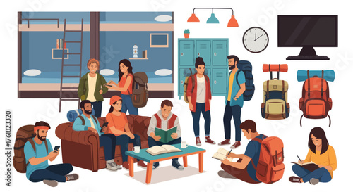 Diverse Group of Travelers Relaxing and Studying in a Hostel Common Area.