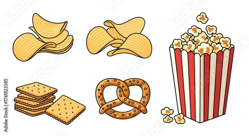 Assortment of Snacks: Chips Crackers Pretzel and Popcorn in a Striped Container.