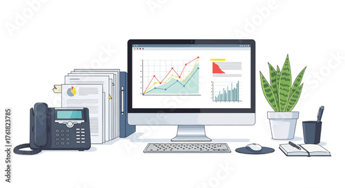 Modern Office Desk Setup with Computer Displaying Business Charts and Essential Work Tools.