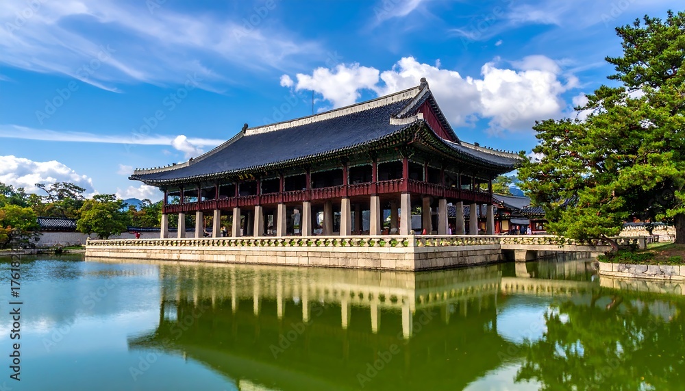 Fototapeta premium Gyeonghoeru Pavilion - A serene reflection of Korean architecture and history.