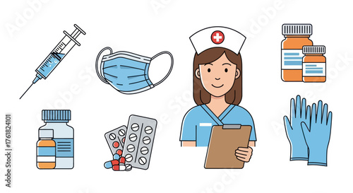 Set of colorful medical doodle icons including a nurse vaccine syringe face mask gloves and medicine.