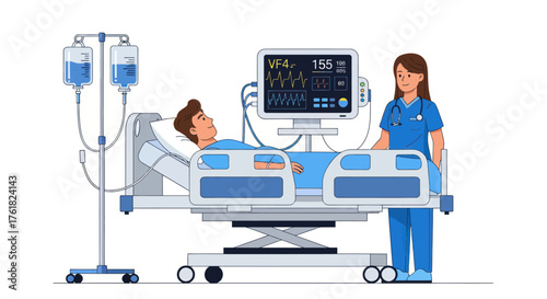 Patient in Hospital Bed with Nurse and Medical Equipment.