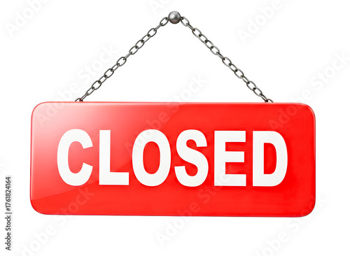 Red closed sign hanging on chain isolated on transparent background