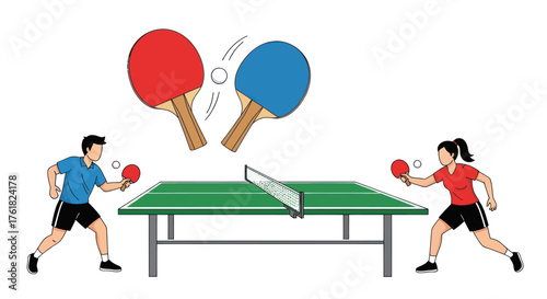 Animated Table Tennis Match with Players and Equipment.