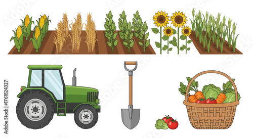 Cartoon Illustration of a Green Tractor and Farm Harvest.