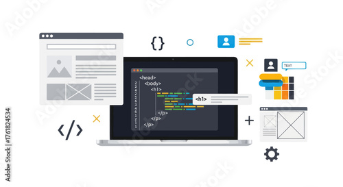 Laptop displaying code with web design elements and programming symbols.