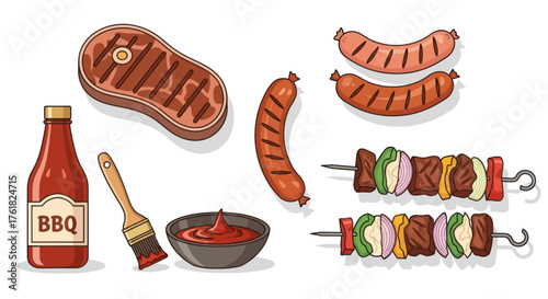 Cartoon vector collection of grilled barbecue food including steak sausages kebabs and sauce.