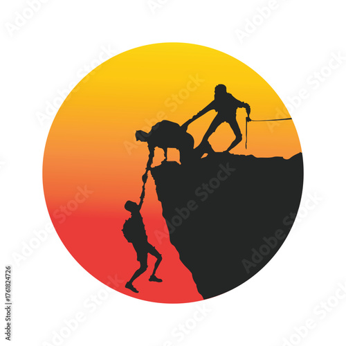 Teamwork and support on a mountain cliff at sunset illustration