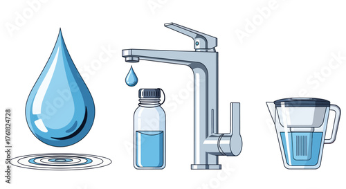 A collection of water-related items including a droplet faucet and filter pitcher.