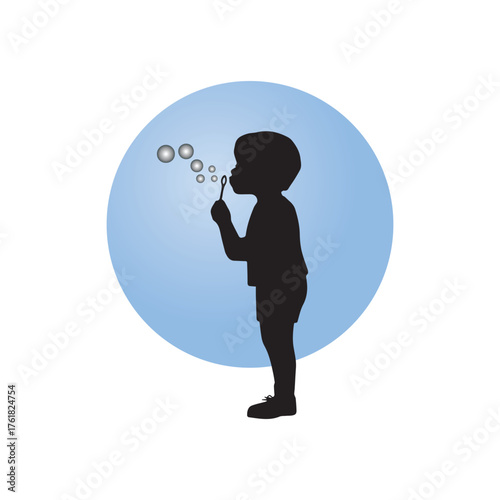 A charming silhouette of a young child capturing a moment of simple joy and innocence while blowing soap bubbles against a serene blue background