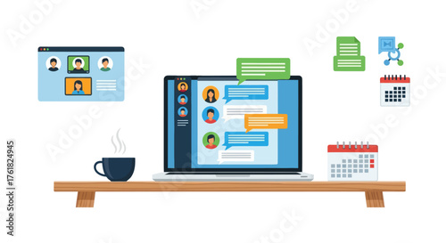 Laptop Displaying Online Communication with Chat Bubbles and Video Conference.