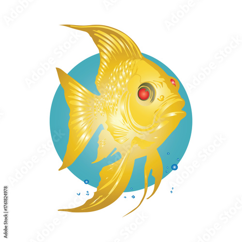 Regal golden ornamental fish with captivating red eyes, elegantly depicted within a serene blue aquatic circle, enhanced by delicate water bubbles