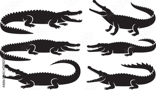 Crocodile Poses Silhouette Set Vector Illustration Showing Wild Animal Movement and Nature