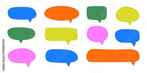 Set of colorful doodle speech bubbles icons. Comic chat message balloon pack isolated on white background. Bright cartoon text box for poster, label, tag, banner, badge, sticker. Frames vector