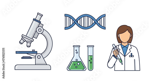 Scientific Research Elements: Microscope DNA Flasks Test Tubes and Scientist.
