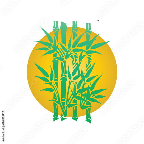 Vector graphic of bamboo shoots and foliage in front of a golden sun, representing Asian culture and natural beauty
