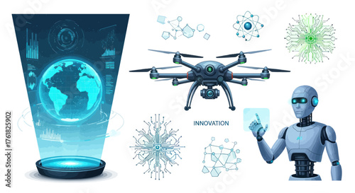 Futuristic Technology Display with Globe Drone and Robot.