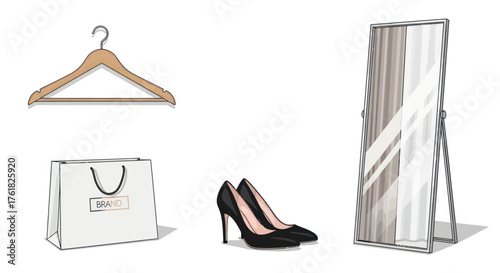 A hand-drawn illustration set of womens fashion and shopping essentials: hanger bag high heels and mirror.