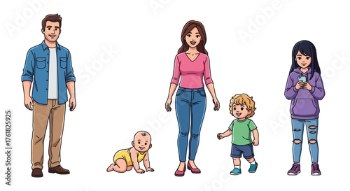Cartoon Family Portrait: Parents and Three Children Posing.