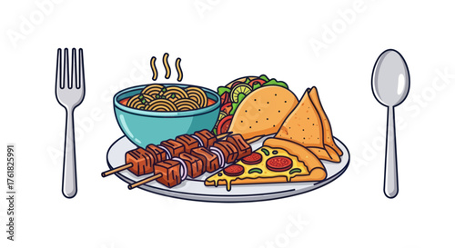 Colorful cartoon plate with diverse hot foods: noodles tacos pizza kebabs samosas fork and spoon.
