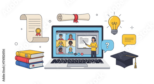 Online Education Concept: Virtual Classroom on Laptop with Teacher Students Books Diploma and Graduation Cap.