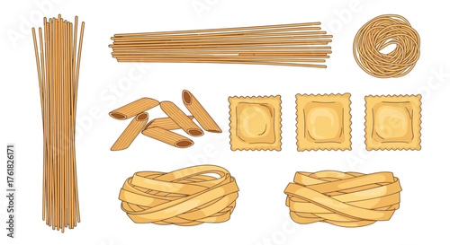 Assortment of Various Types of Dry Pasta Including Spaghetti Penne and Ravioli.