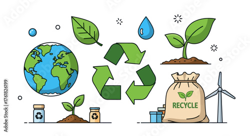 Eco-friendly symbols and elements for environmental conservation and sustainability.