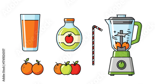 Colorful Cartoon Juice Making Elements: Blender Fresh Fruits and Drinks.
