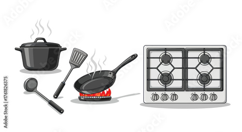 Kitchen Utensils and Stove Illustration: Pot Spatula Ladle Pan on Burner and Gas Stove.