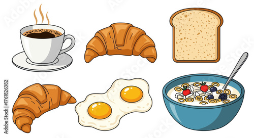 Assortment of Delicious Breakfast Foods and Hot Coffee.