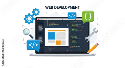 Laptop displaying code and web design elements for web development.