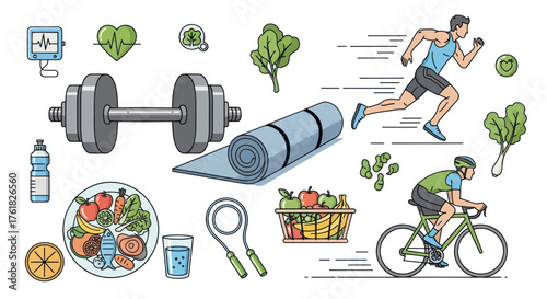 Illustrated Fitness and Healthy Lifestyle Elements Collection.