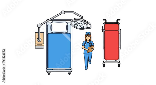 Cartoon Illustration of Operating Room with Nurse and Beds.