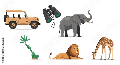 Safari Adventure: Cartoon Animals and Vehicle Illustration.